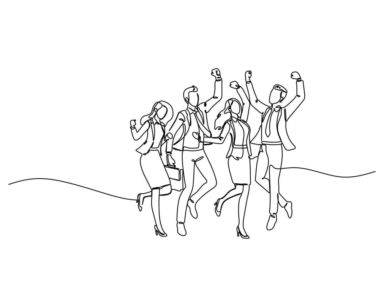 Four business professionals, raising their arms and jumping in celebration in a corporate setting, expressing joy and success. A continuous line drawing of business and finance theme illustration vector