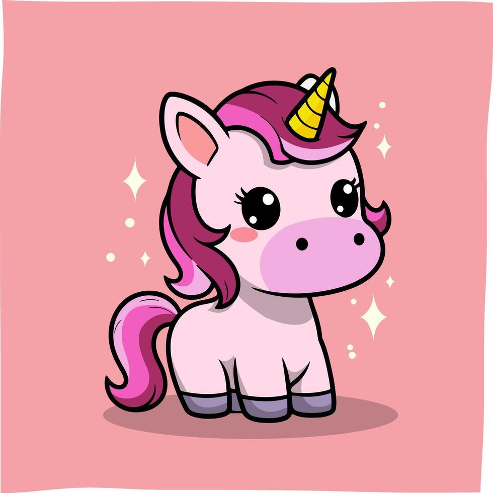 Unicorn doodle cartoon with beautiful pink color and yellow horn, suitable for related content or mascot vector