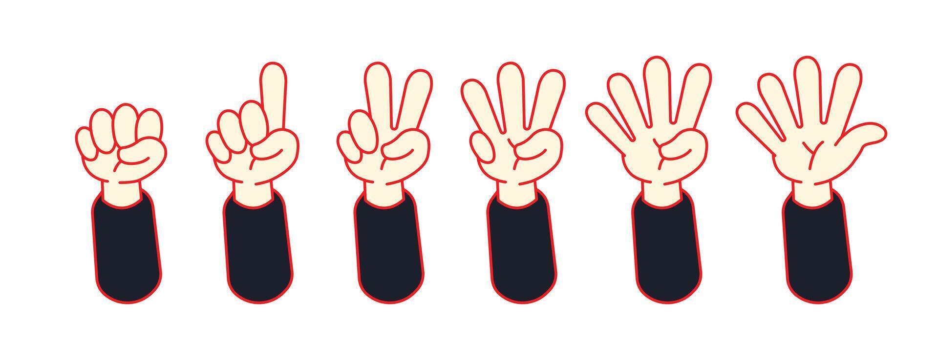 Cartoon hands. Comic arms with five fingers cartoon character body parts. Gesture hand finger count, thumb gesturing illustration vector