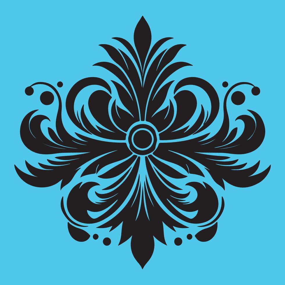 Elegant Black Floral Ornamental on Blue Background - Perfect for Classic Art, vector