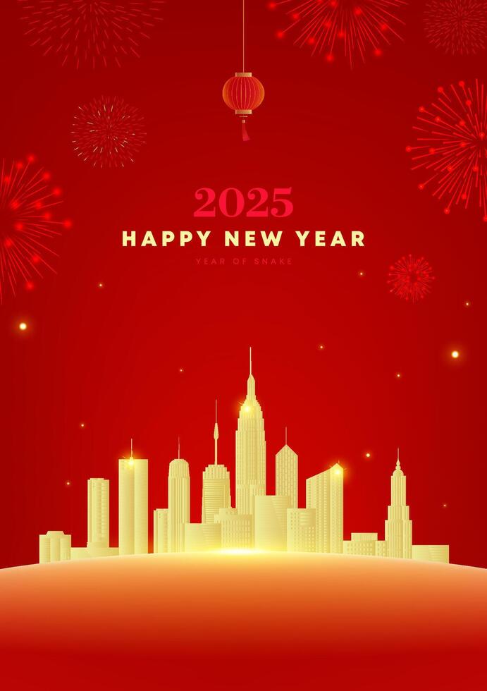 Spring Festival poster design golden city and fireworks to celebrate vector