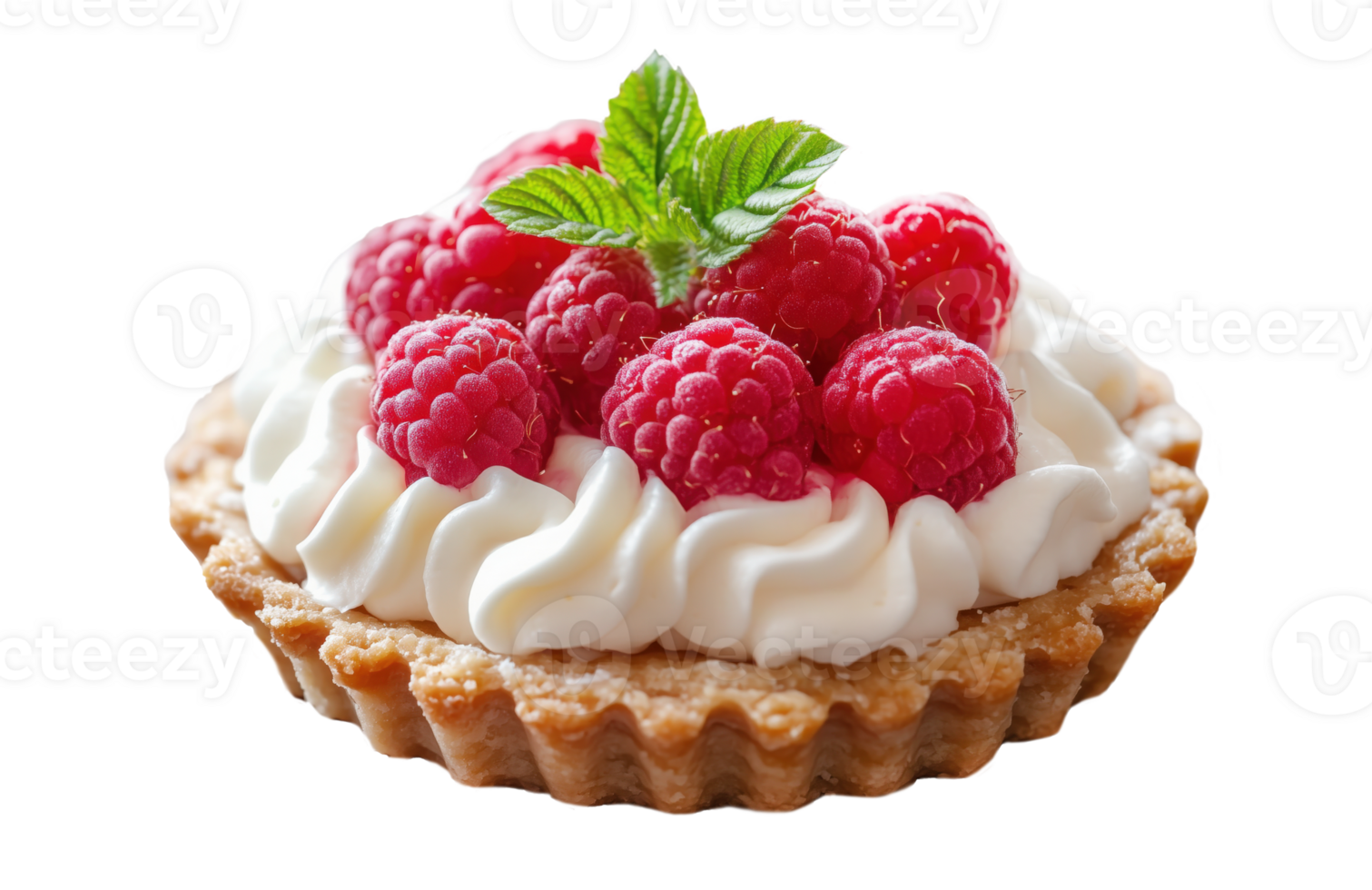 Beautiful tartlet with white cream, fresh raspberries, and mint on a transparent background png