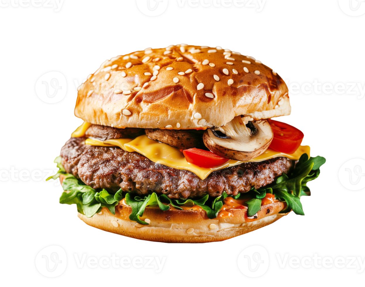 Juicy burger with mushrooms isolated on transparent background png