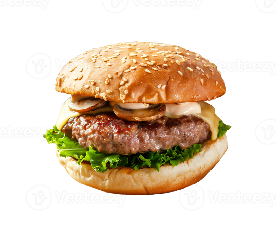 Juicy burger with mushrooms isolated on transparent background png
