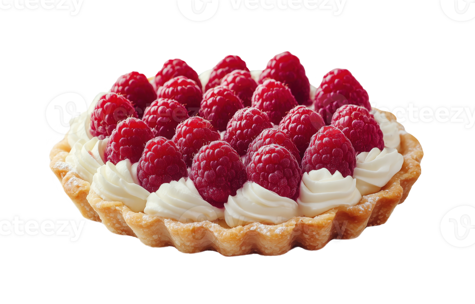 Beautiful tartlet with white cream and fresh raspberries on a transparent background png