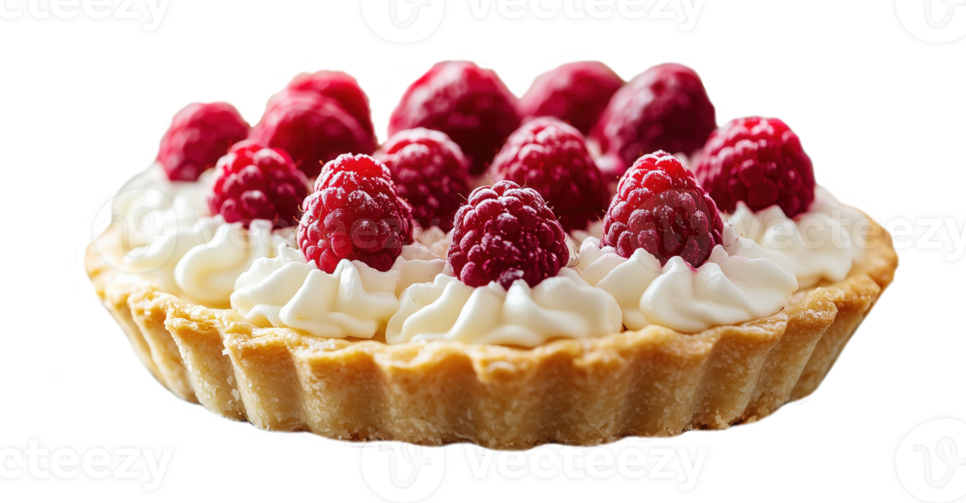 Beautiful tartlet with white cream and fresh raspberries on a transparent background png