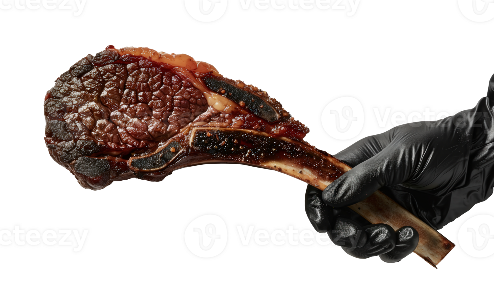 Hand wearing a black glove holding a grilled tomahawk steak on a transparent background png