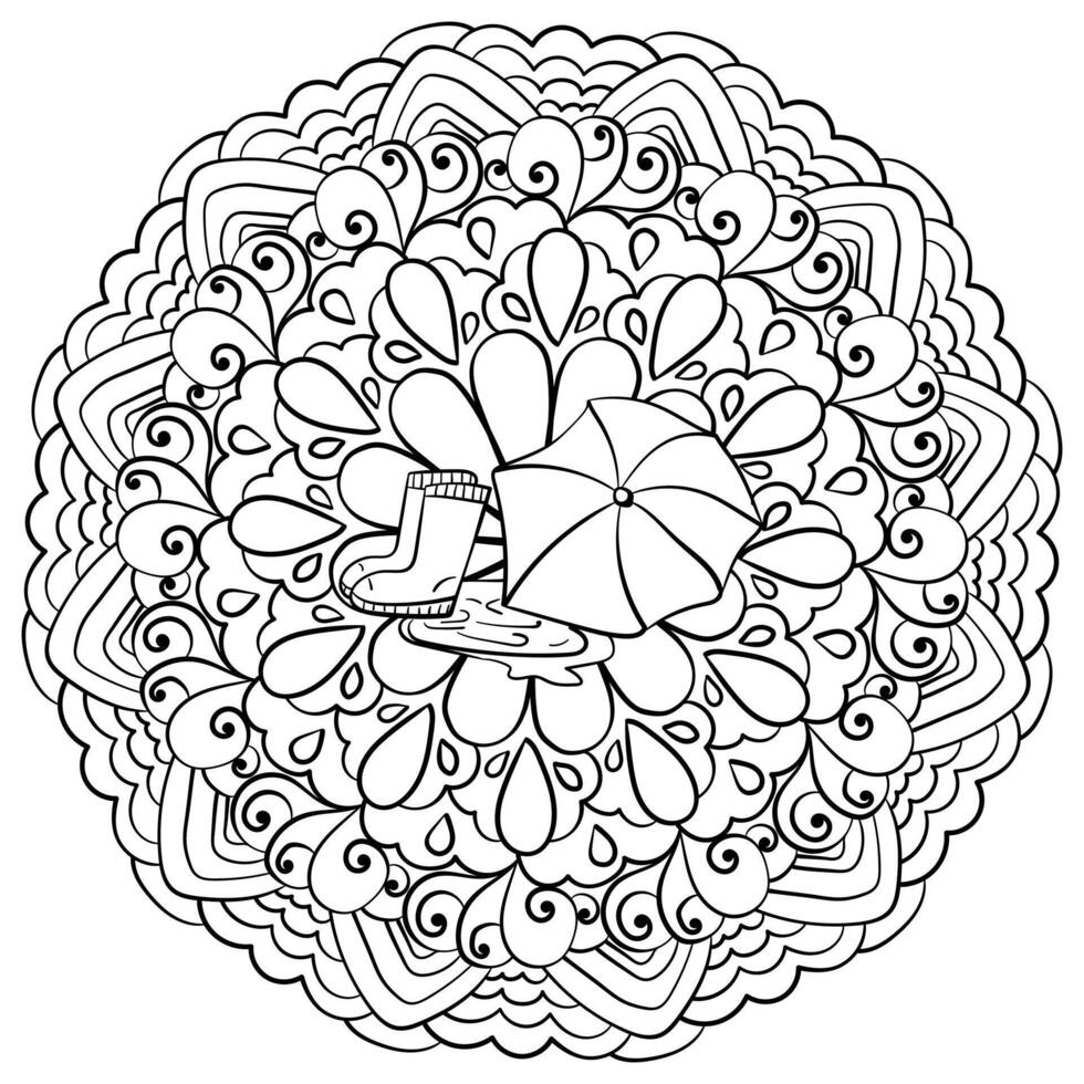 Abstract doodle mandala with umbrella and boots, doodle coloring page about rainy weather for design and creativity vector
