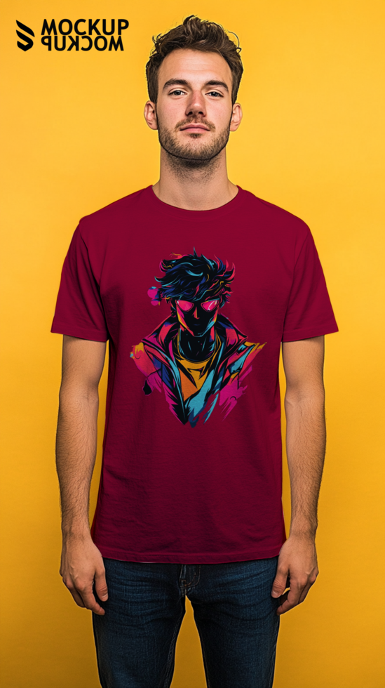 Half-body adult t-shirt mockup, sample uses a red t-shirt, but can be edited as desired, uses pants and shoes, yellow background, easy to edit, easy to change color, easy to change design psd