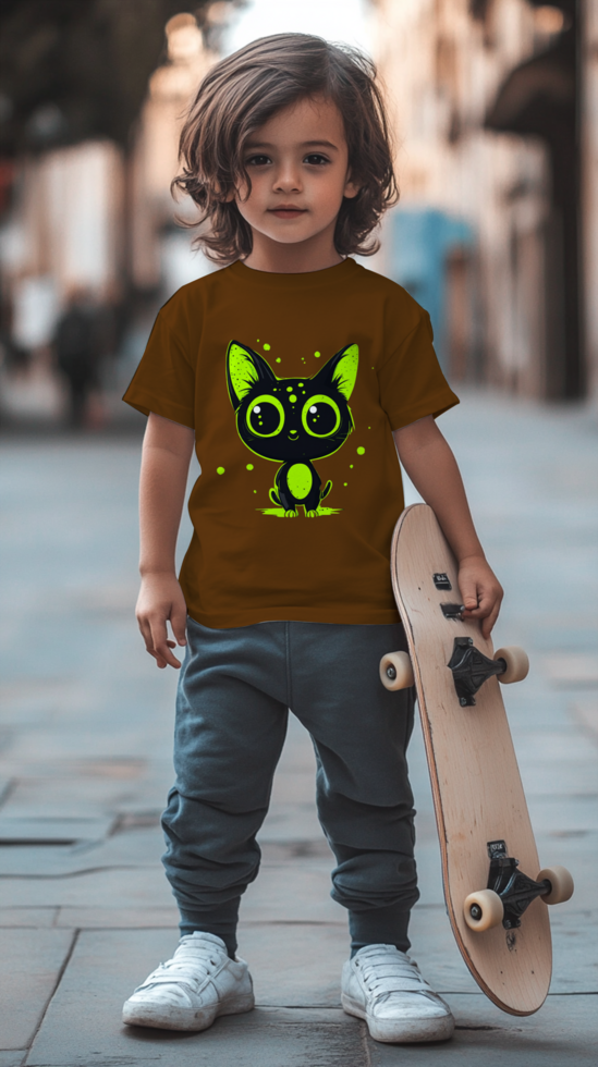 mockup design for children's t-shirts with a child model carrying a skateboard, with long hair psd