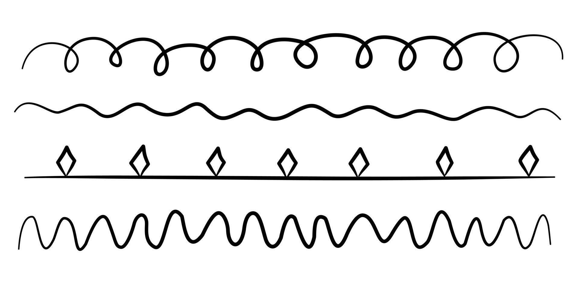 Set of various hand drawn black lines, wavy line and underlines as design elements, isolated on white background. vector