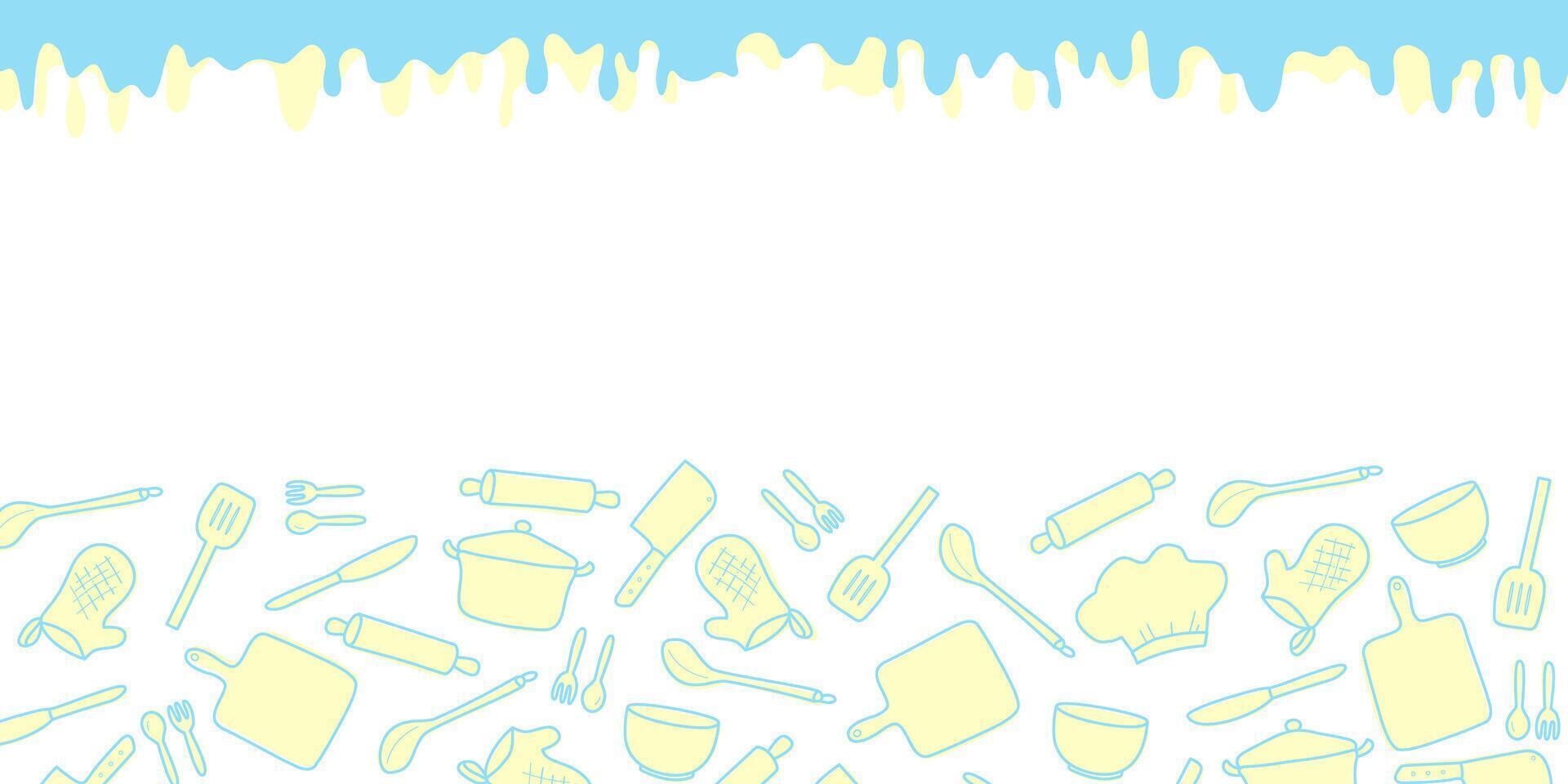 Cooking flat horizontal pattern. Kitchen utensil and appliance cartoon texture. White and yellow kitchenware sketch clipart. vector