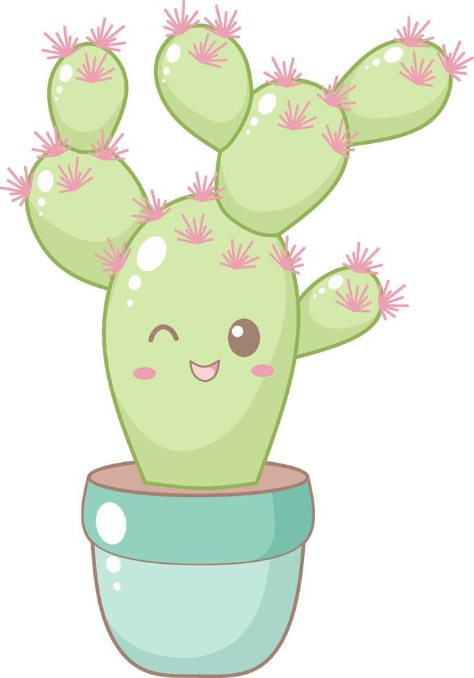 Cute Cactus With Little Pink Flower in Blue Pot. Simple House Plant Cacti Illustration. vector