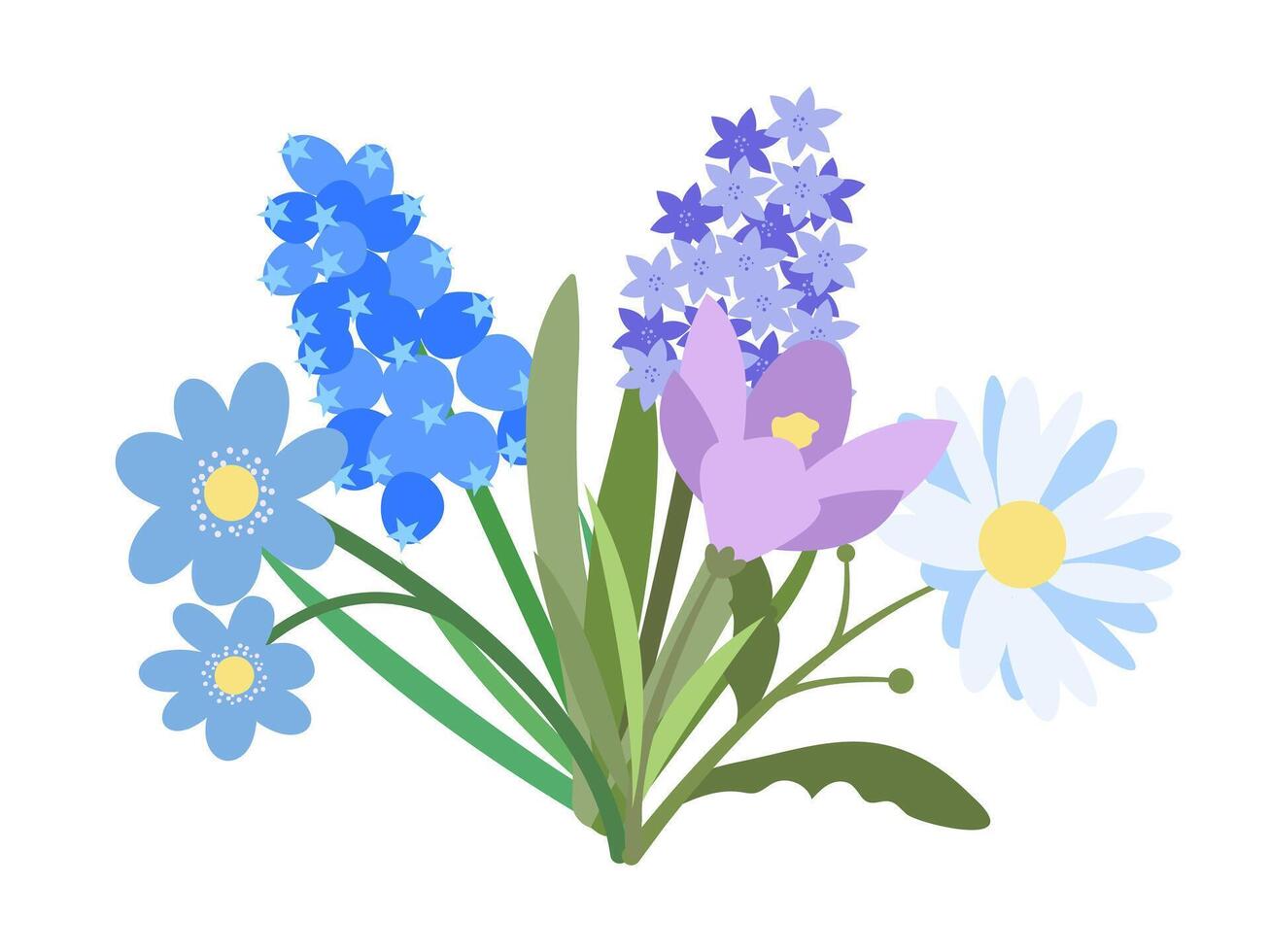 Flat Simple Bouquet of Flowers Chamomile, Hyacinthy, Muscari, Crocus, Hepatica. Spring Flowers Bloom Element. Sticker, Print for Easter Spring Holidays, Banners, Posters, Cards, Web. Folk Style. vector