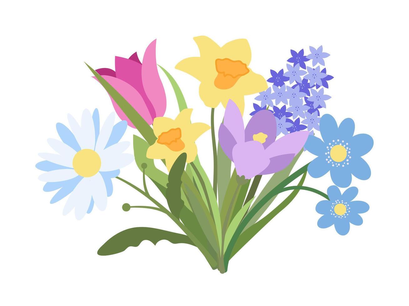 Flat Bouquet of Flowers Daisy, Tulip, Hyacinthy, Crocus, Narcissus, Hepatica. Spring Flowers Bloom Element. Sticker, Print for Easter Spring Holidays, Banners, Posters, Cards, Web. Folk Style. vector