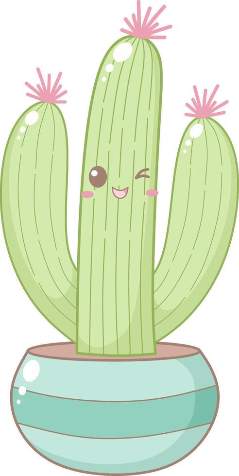Cute Cactus With Little Pink Flower in Blue Stripe Pot. Simple House Plant Cacti Illustration. vector