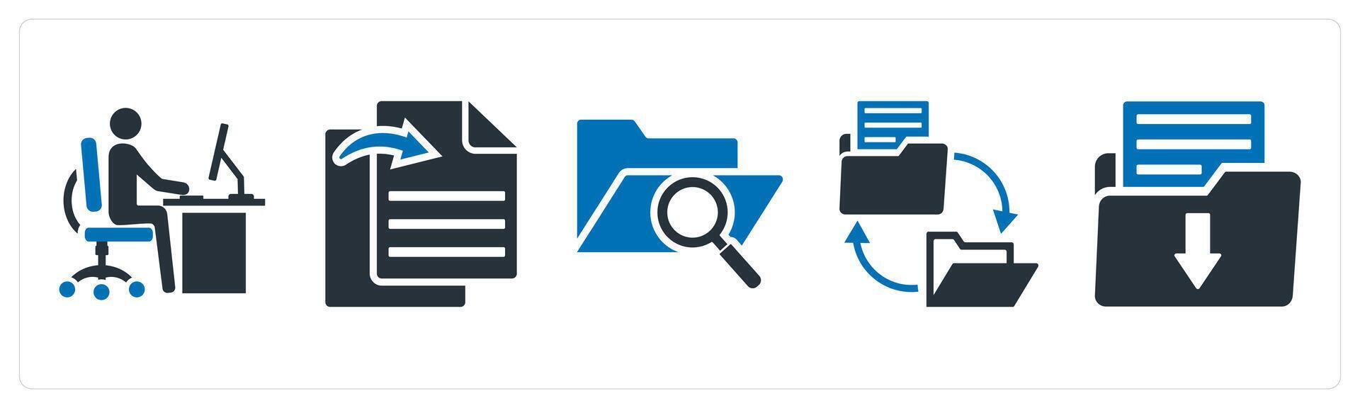 A set of 5 mix icons as office work, file transfer, search folder vector