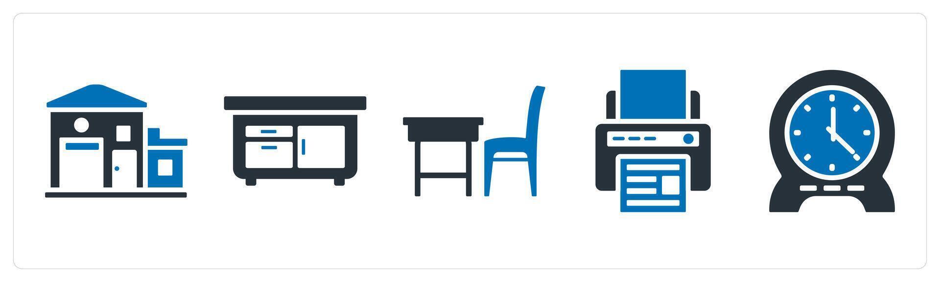 A set of 5 mix icons as office, drawers, office table vector