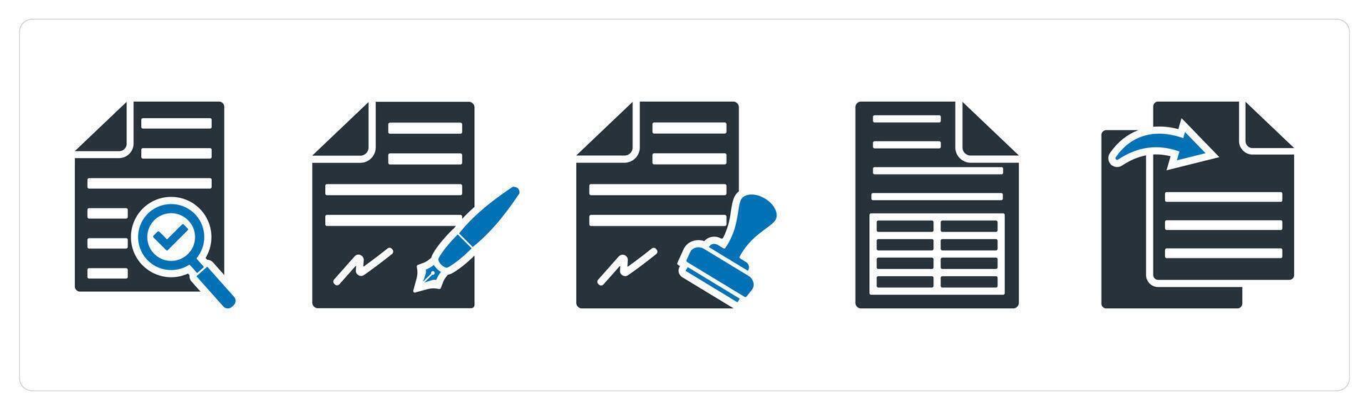 A set of 5 mix icons as search file, agreement, stamp paper vector