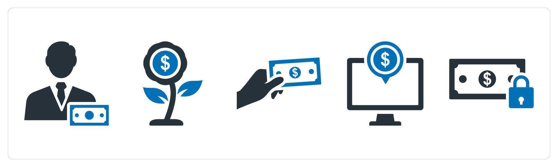A set of 5 mix icons as accountact, investment, cash in hand vector