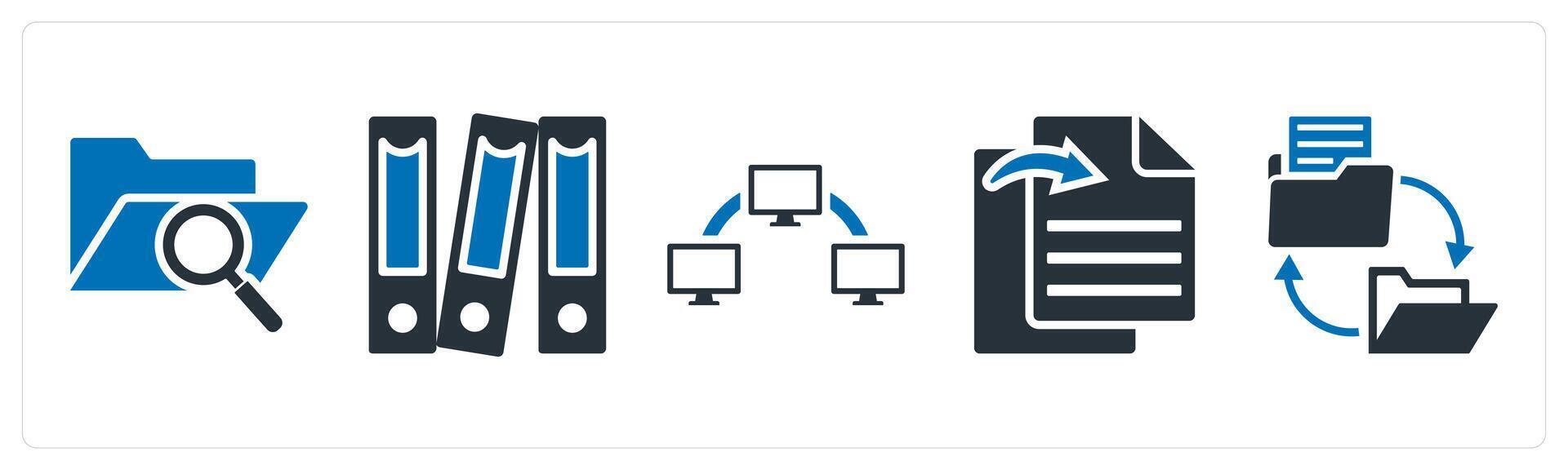 A set of 5 mix icons as search folder, files, data transfer vector
