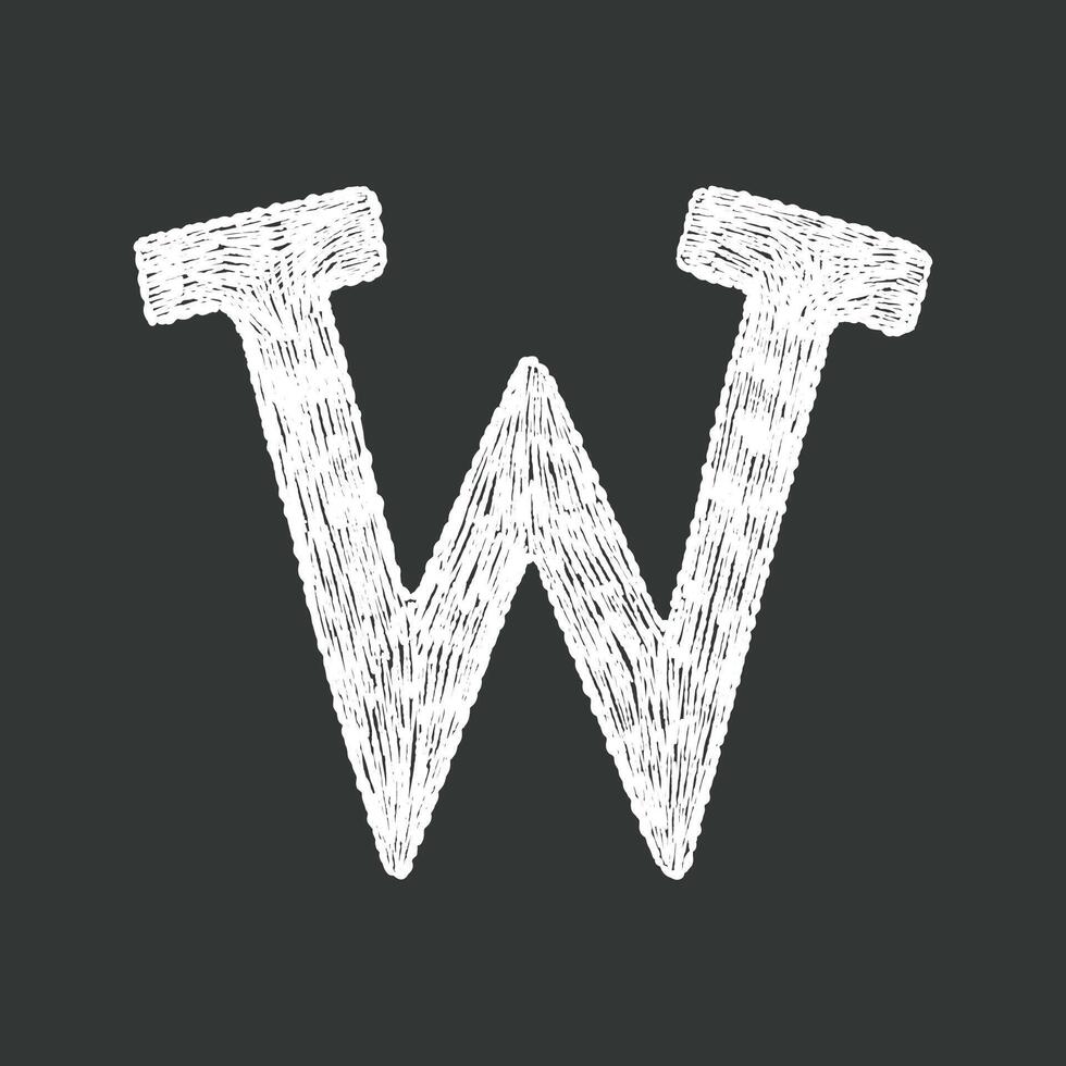 Black and white hand-drawn chalk textured uppercase letter W ideal for school creative lettering design projects. vector