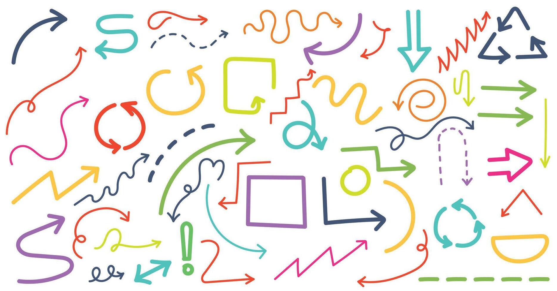 Doodle arrows and lines. Straight or curly line points in particular direction vector