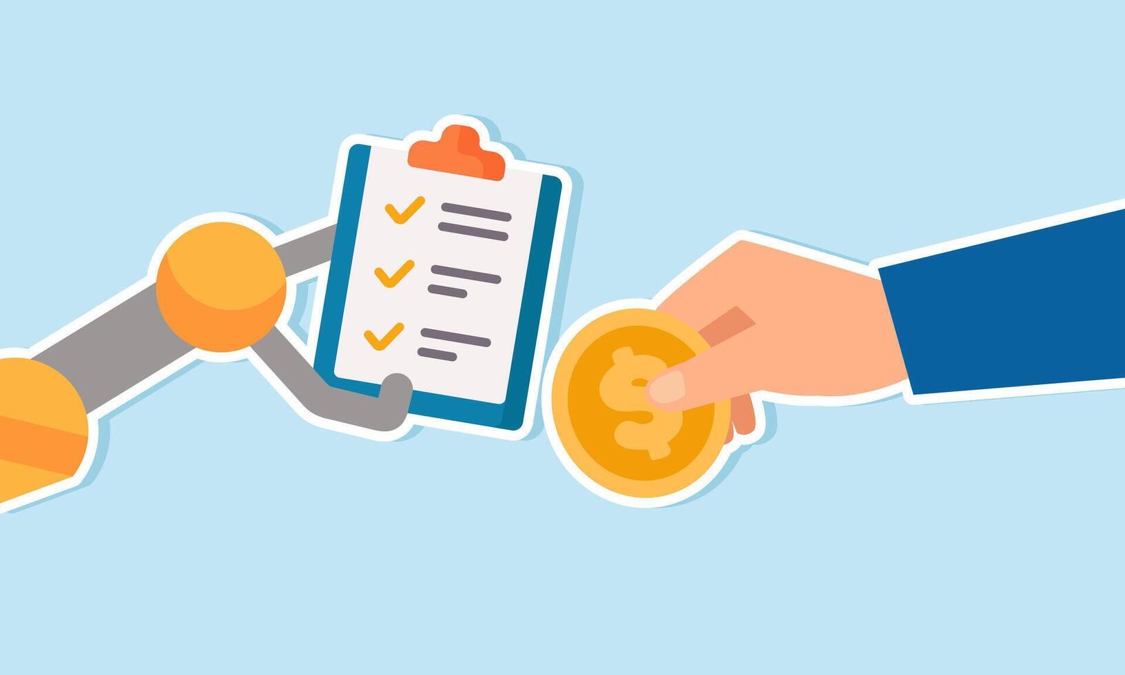 A robotic hand holds a task list board while a businessman hand holds a dollar coin, illustration of the cost required to get AI solutions for business tasks vector