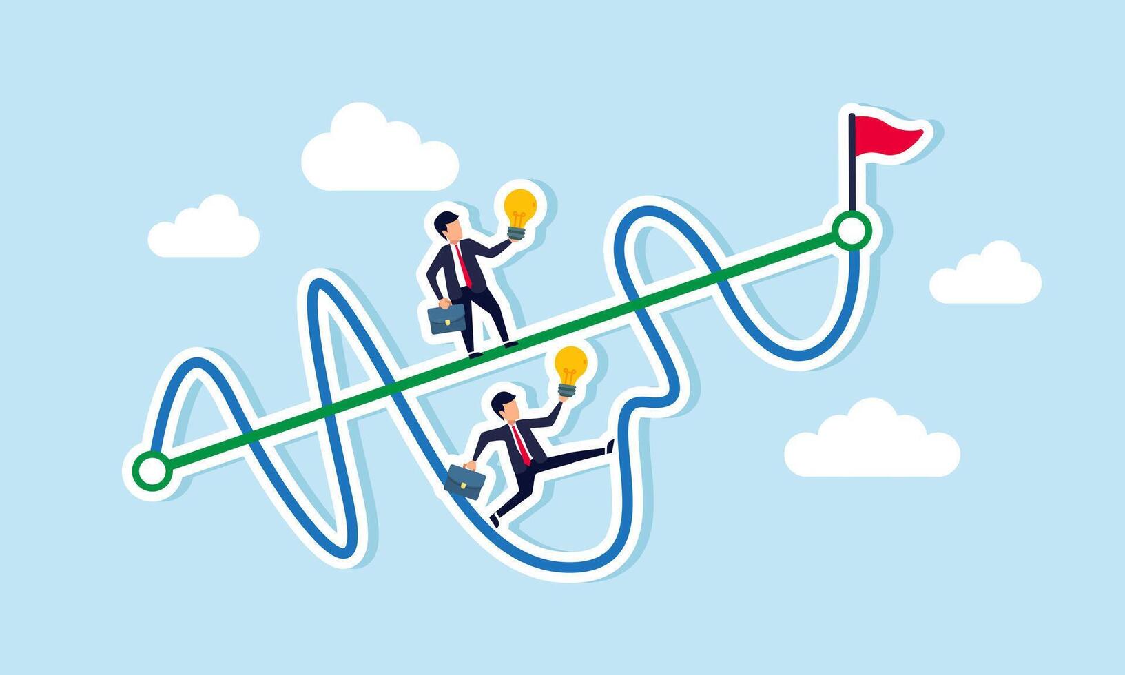 Two businessmen carrying lamps race, one on a straight graph and the other on a fluctuating graph, aiming for a flagpole, illustration of business competition in innovation vector