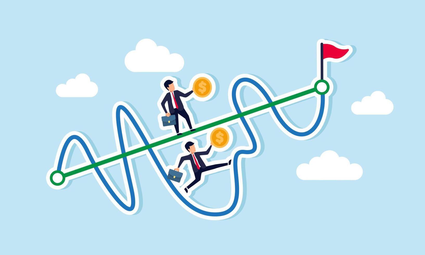 Two businessmen carrying dollar coins race, one on a straight graph and the other on a fluctuating graph, aiming for a flagpole, illustration of financial business vector
