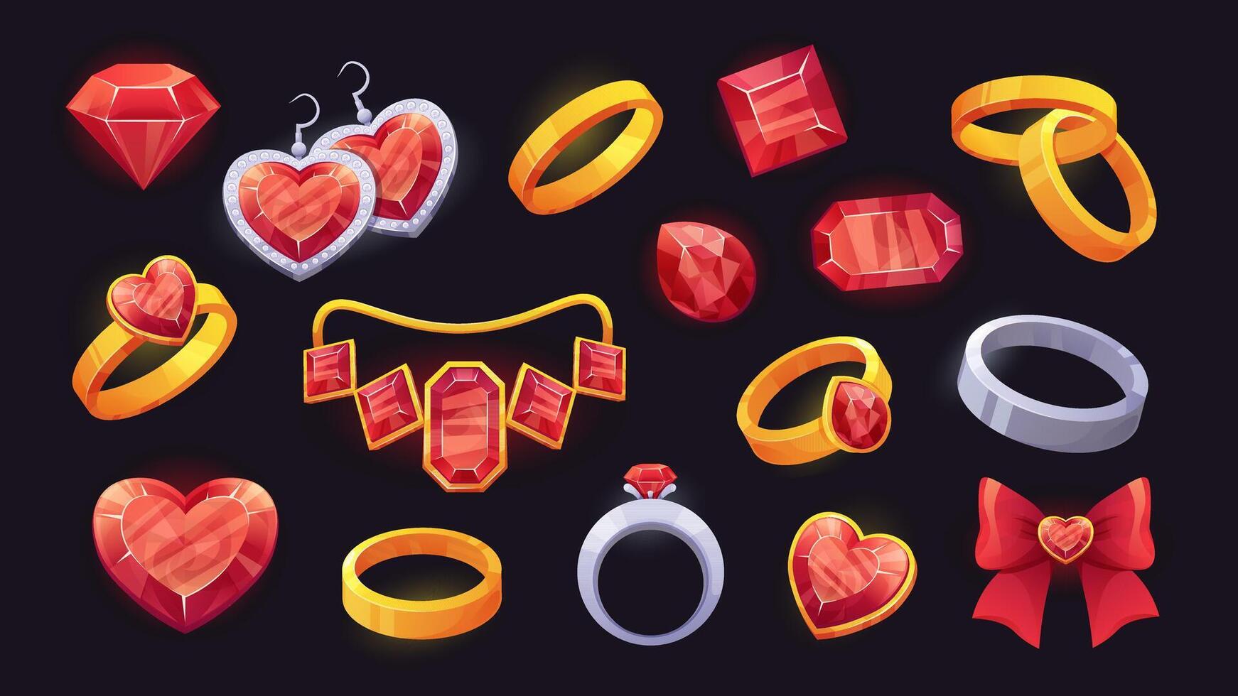 Heart shaped jewelry set. Gold rings, earrings, highlighters with ruby. cartoon jewelry for valentine's day or wedding vector