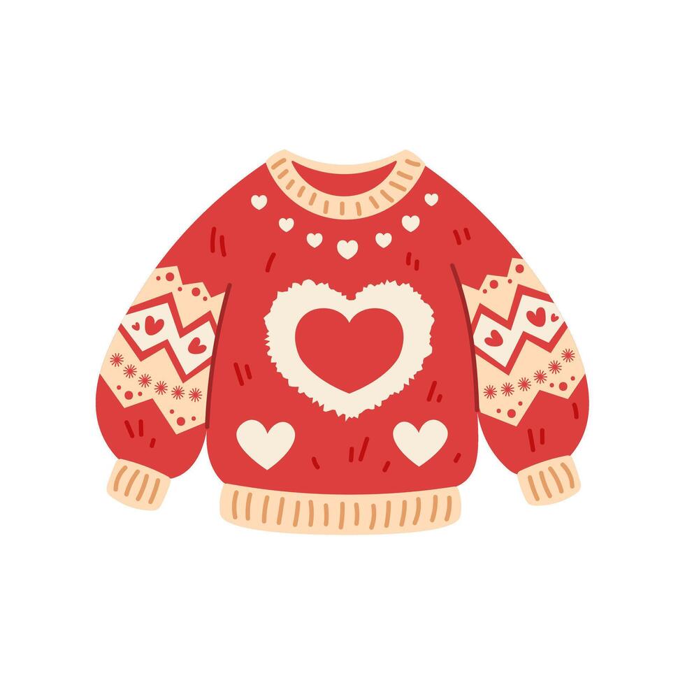 Knitted red sweater with hearts isolated. Cozy sweater for valentine's day. illustration on white background vector