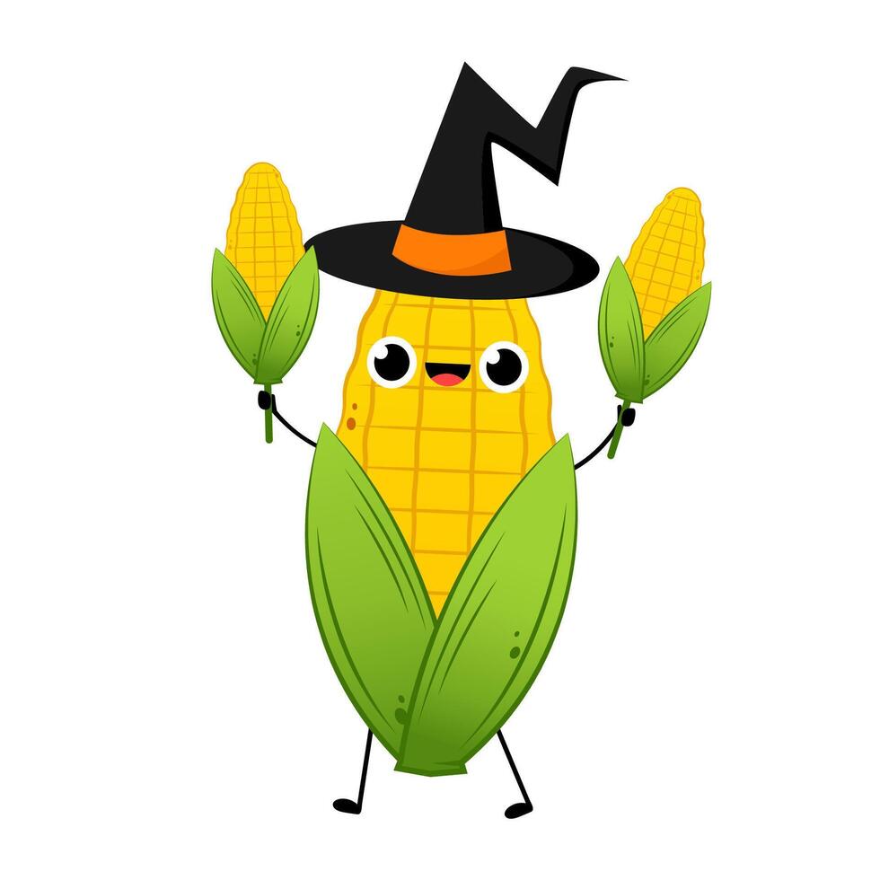 Corn cartoon . Cute vegetable character set isolated on white. Corn in a witch hat. vector