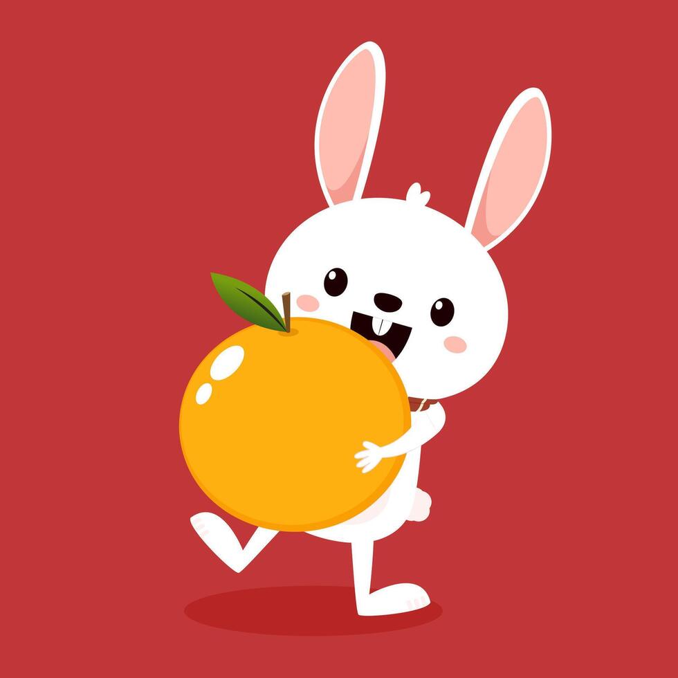 Happy Chinese new year greeting card 2023 with cute rabbit with oranges. Animal holidays cartoon character. Cute Rabbit on red background. Chinese New Year Mandarin Orange. vector