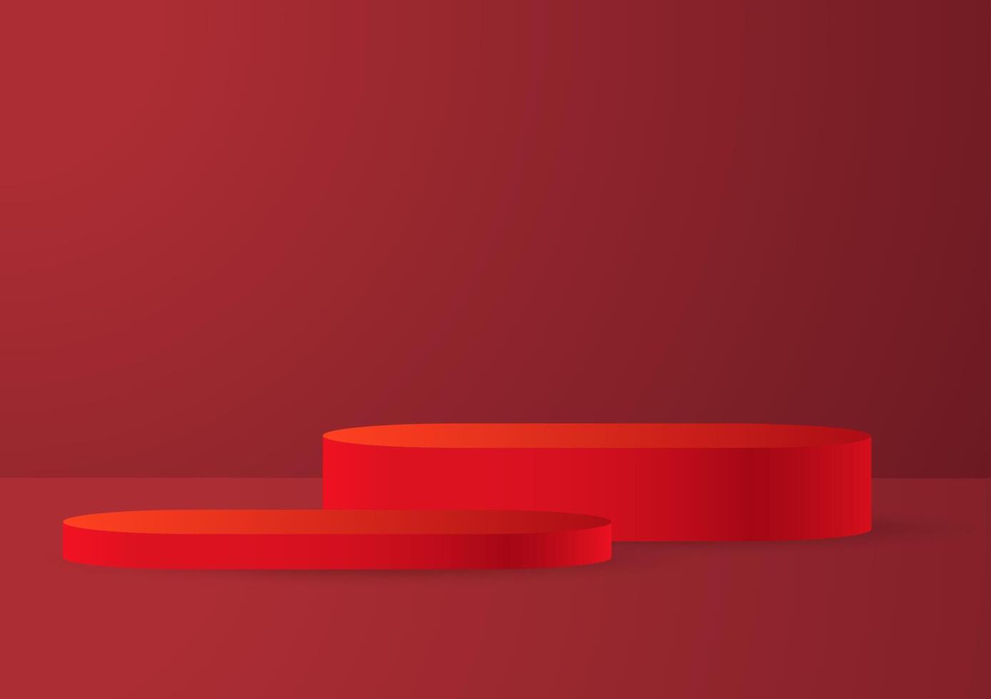 Red realistic 3D cylinder pedestal podium with glowing light semi circle backdrop. Red minimal wall scene for products showcase, Promotion display. abstract studio room with geometric platform. vector