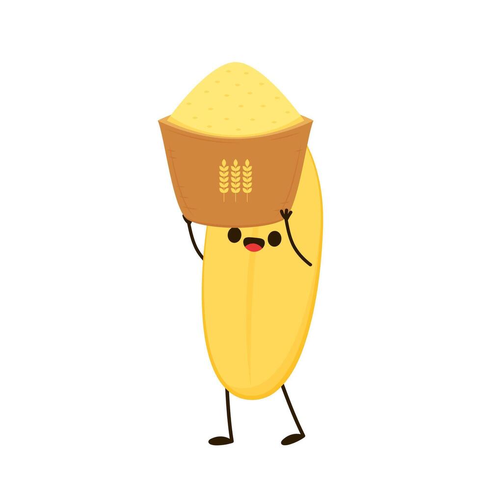 Rice cartoon and rice bowl on white background illustration. Cute food mascot logo for restaurant. vector