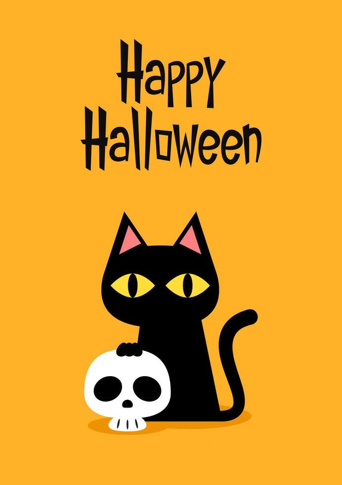 Happy halloween party greeting card with cute Black cat and skull. Holidays cartoon character. Trick or treat. Halloween funny cartoon. vector