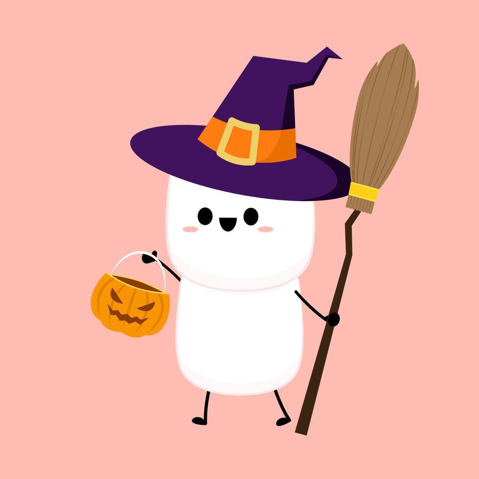 Marshmallow cartoon. marshmallow character design. Marshmallow in a witch hat. Halloween dessert. Halloween party. vector