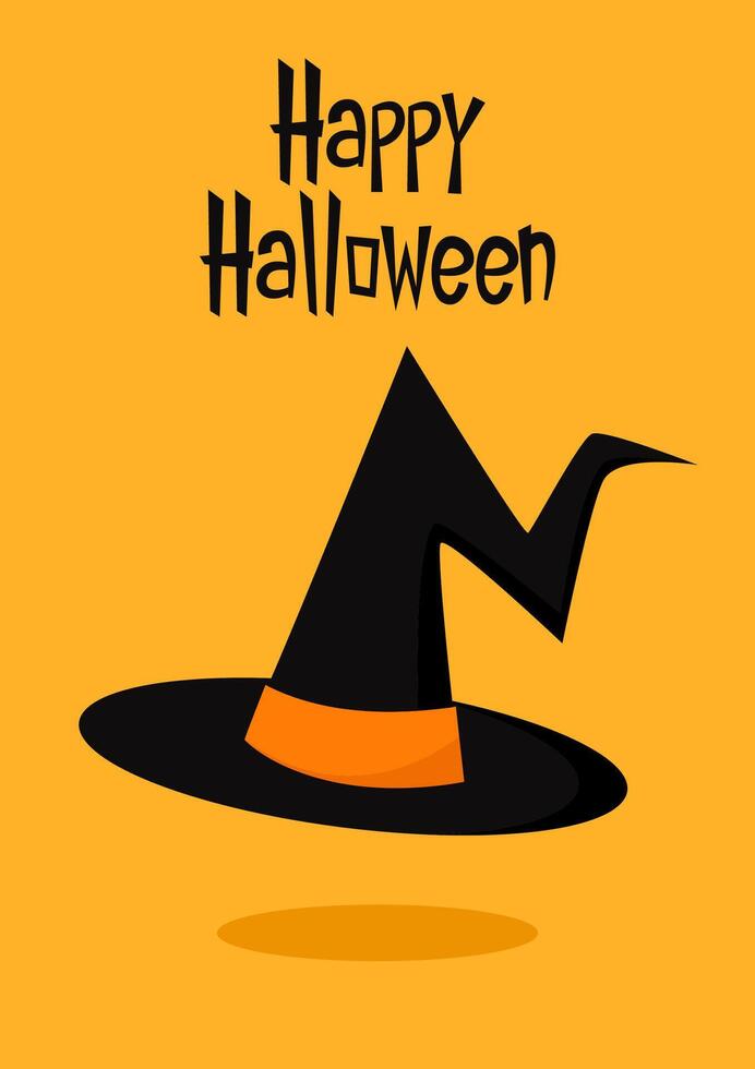 Halloween greeting card. Witch hat on orange background. Halloween traditional witch hat with strap in cartoon and flat style. vector