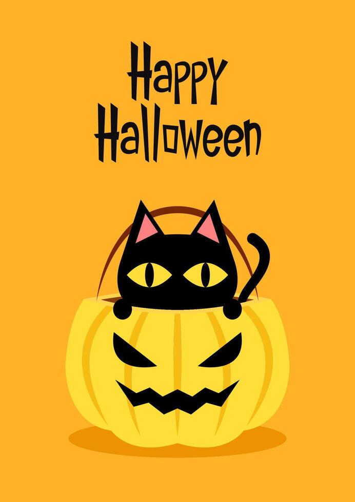 Happy halloween party greeting card with cute Black cat and skull. Holidays cartoon character. Trick or treat. Halloween funny cartoon. vector