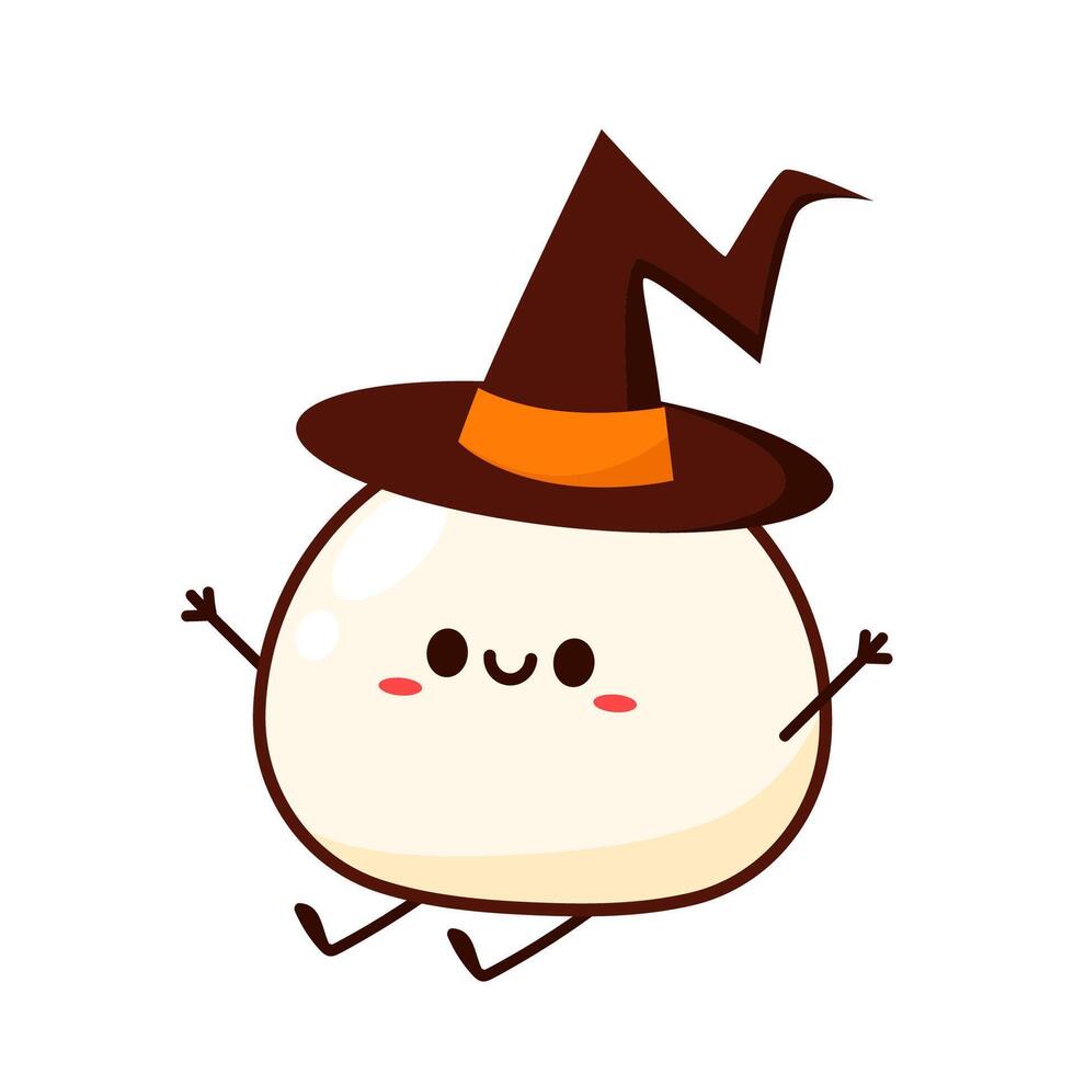 Cute Mochi cartoon . Mochi icon . Japanese rice dessert. Cute Mochi in a witch hat. vector