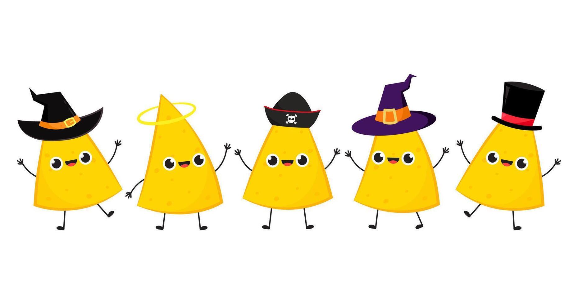 Nacho in a Cute halloween hat. Nacho character design. Nachos on white background. vector