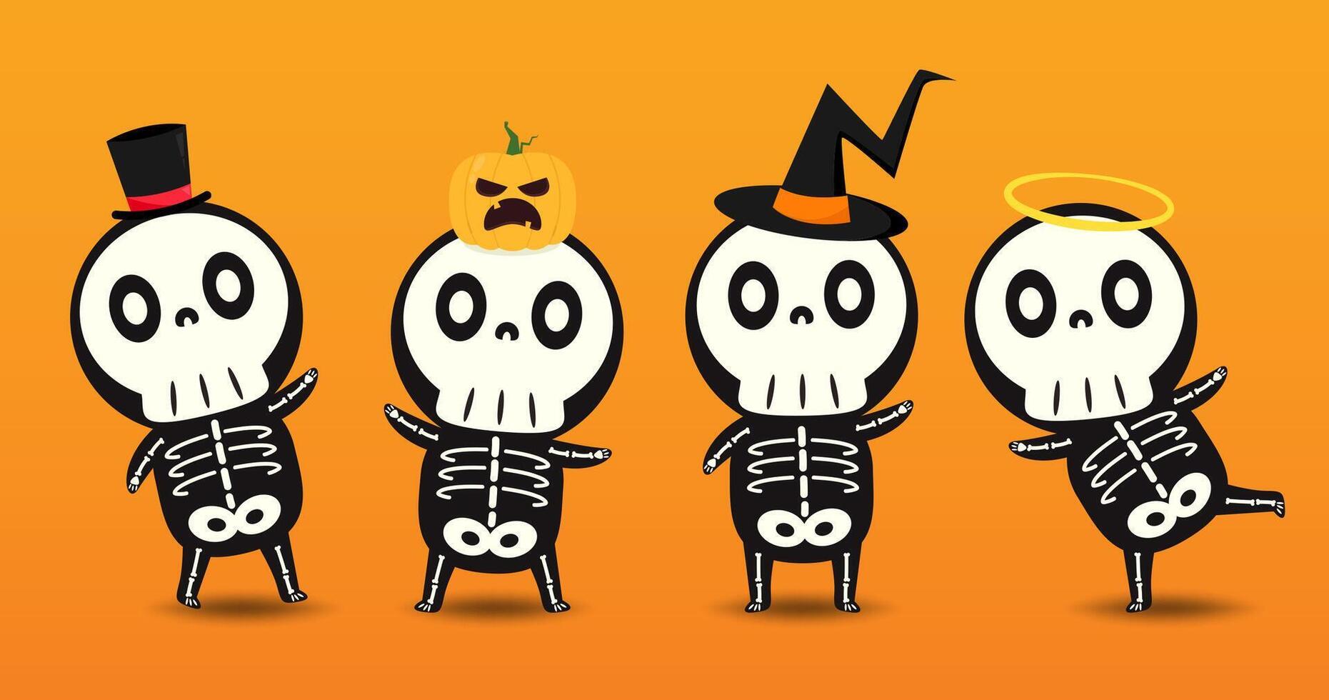 Cute halloween skeleton cartoon. Skeleton in halloween day. Halloween character cartoon. Happy halloween greeting card. vector