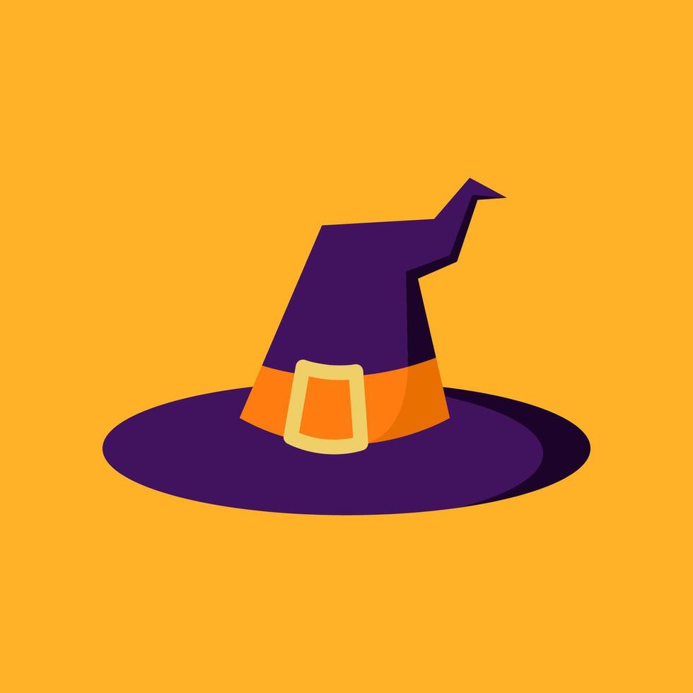 Witch hat on orange background. Halloween traditional witch hat with strap in cartoon and flat style. vector