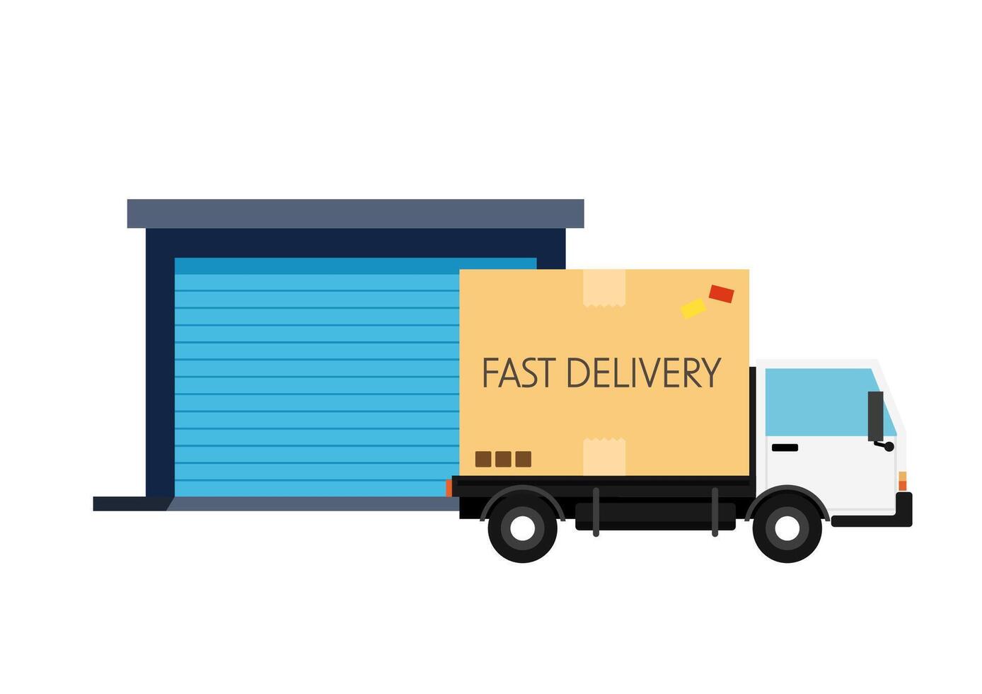 Warehouse building, Truck and Blue Warehouse on white background. Warehouse Equipment, cargo delivery, storage service. Flat style illustration. vector