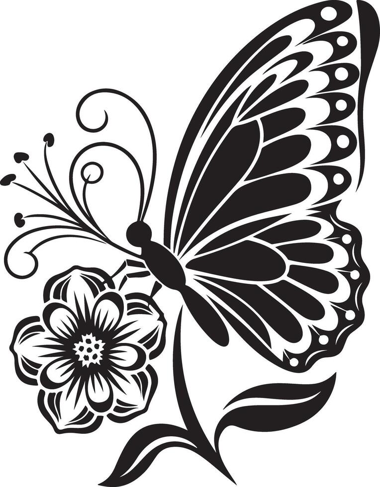 Stylized Butterfly with Flower Symmetrical Line Art Illustration vector