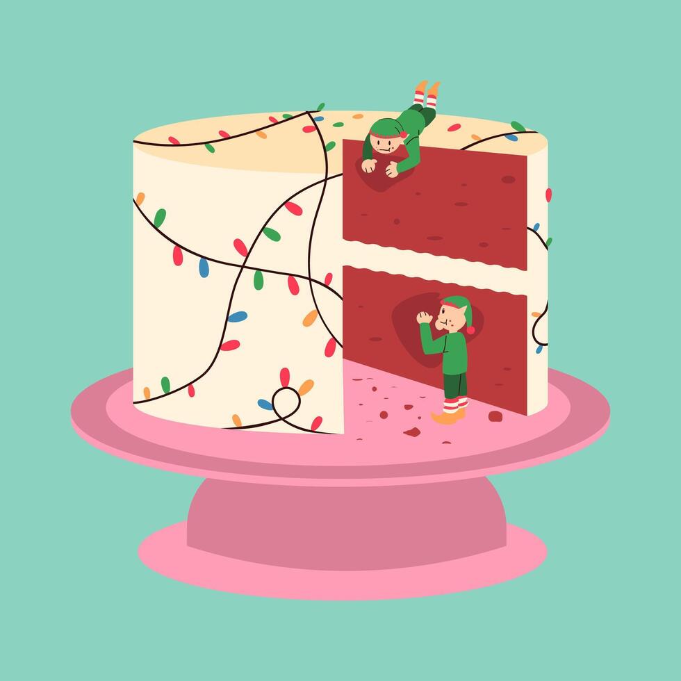The Elves are eating a huge cake vector
