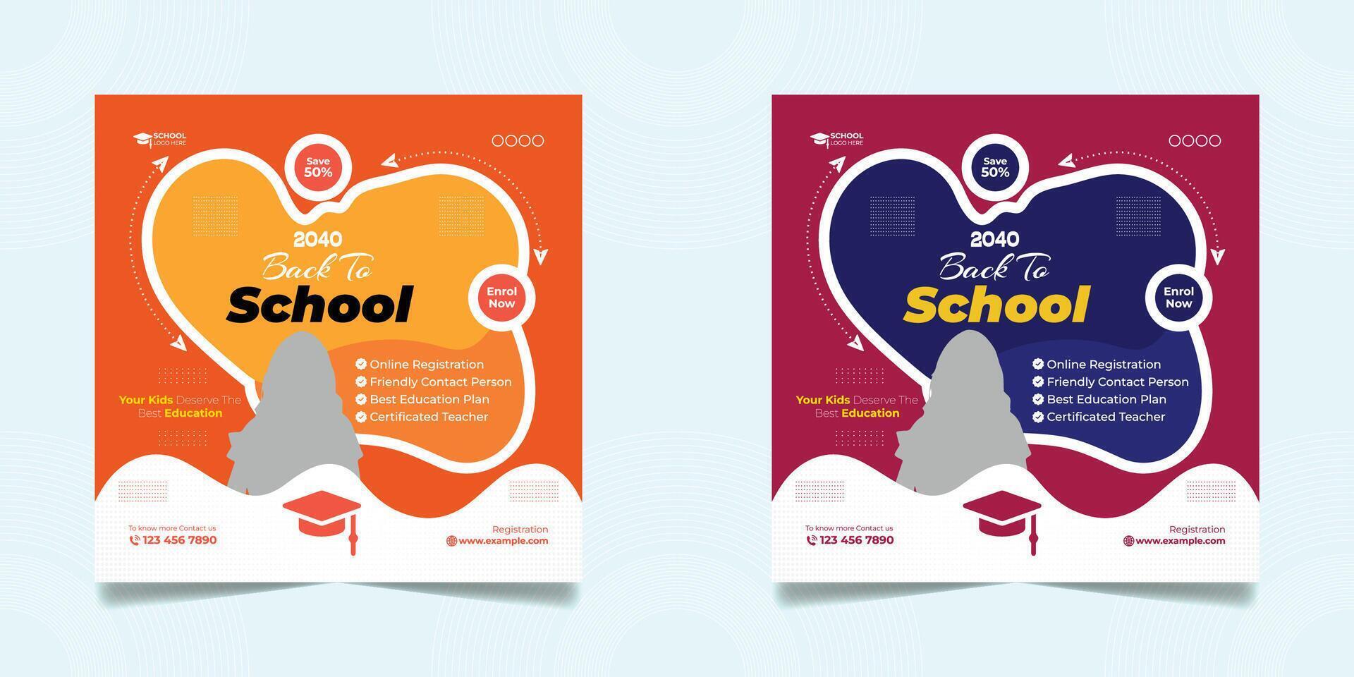 Educational School admission open social media post design, back-to-school promotion square banner layout template vector