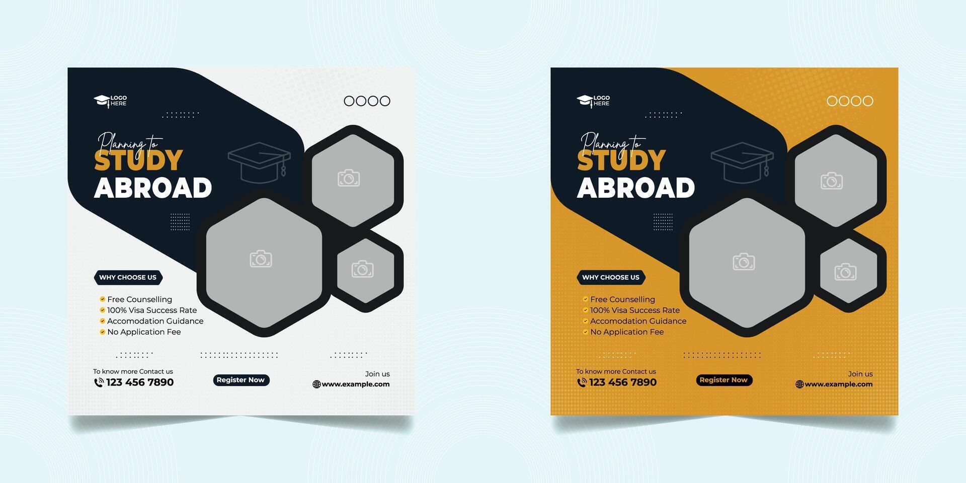Study abroad social media post banner square flyer template set. vector