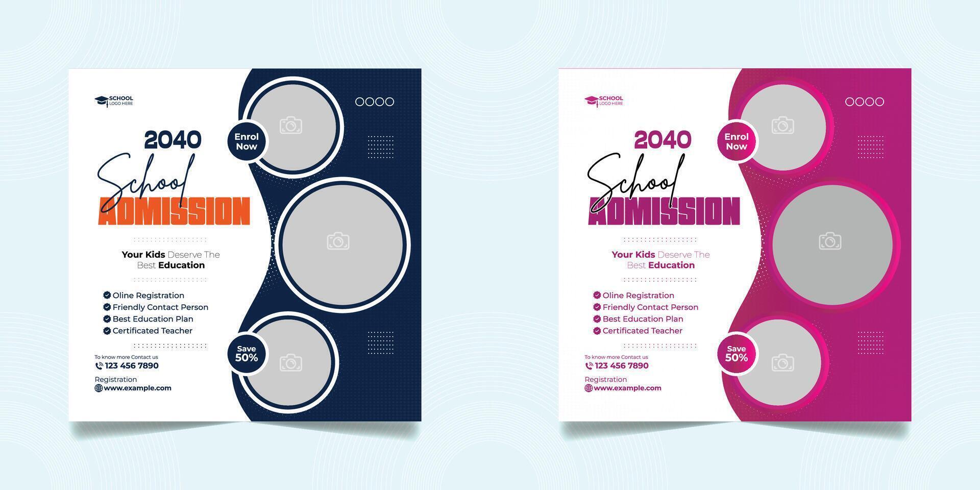 School admission open social media post design, back-to-school promotion square banner layout template vector